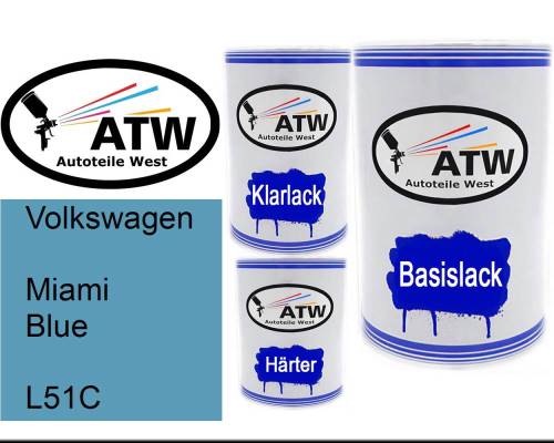 Volkswagen, Miami Blue, L51C: 500ml Lackdose + 500ml Klarlack + 250ml Härter - Set, von ATW Autoteile West.